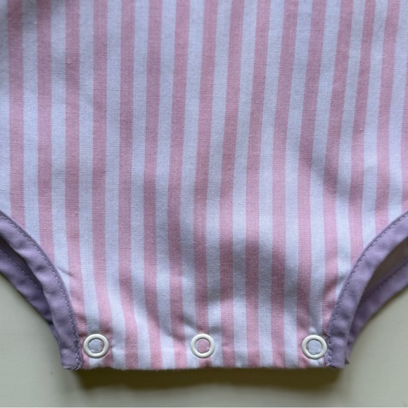 Beaufort Bonnet Co. Girls Saylor Sunsuit, Pink & White Stripe with Lavender Trim - Picture 7 of 15